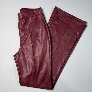 NEW Faux Leather High-Waisted Wide Leg Burgundy Party Womens M Pants Moto Biker